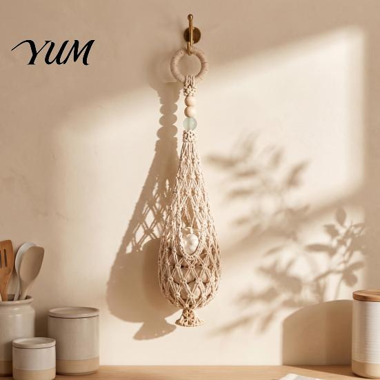 Practical Housewarming Gift for Kitchen Handwoven Cotton Rope Storage Mesh Bag, Wall-Mounted Bohemian Style Organizer, Decor Breathable Teardrop
