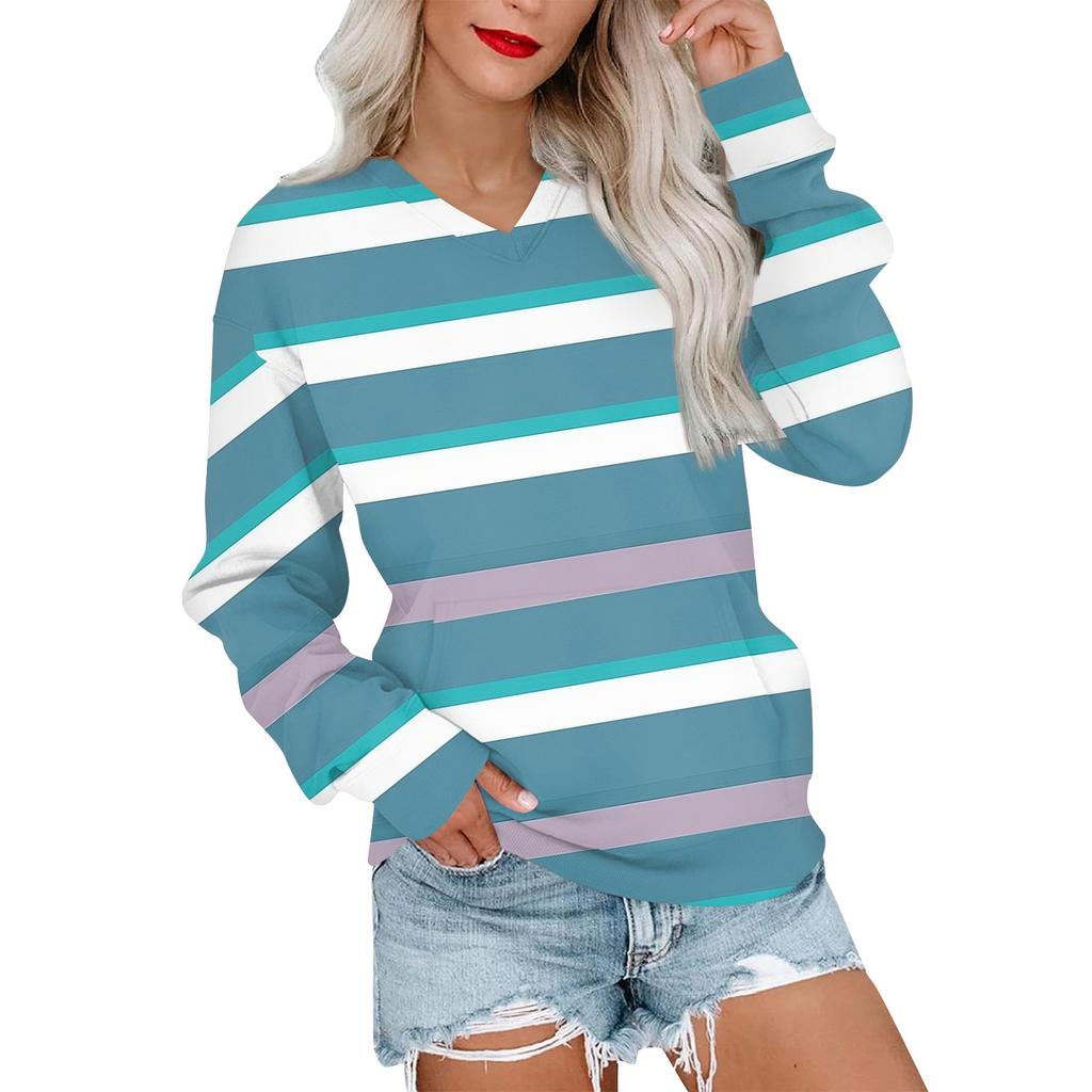 Женская повседневная модная полосатая толстовка с V-образным вырезом и длинным рукавом, легкая толстовка с карманами