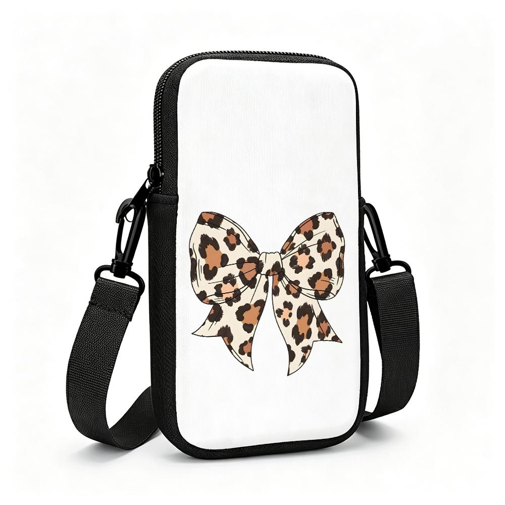 2D-Leopard Print Bow Ribbon Pattern Graphic Black Outline Luxury Fashion Decorative Style Adjustable Removable Strap Crossbody Phone Bag