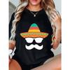 Women Casual T Shirt Black Mexican Sombrero Mustache Print Summer Party Wear