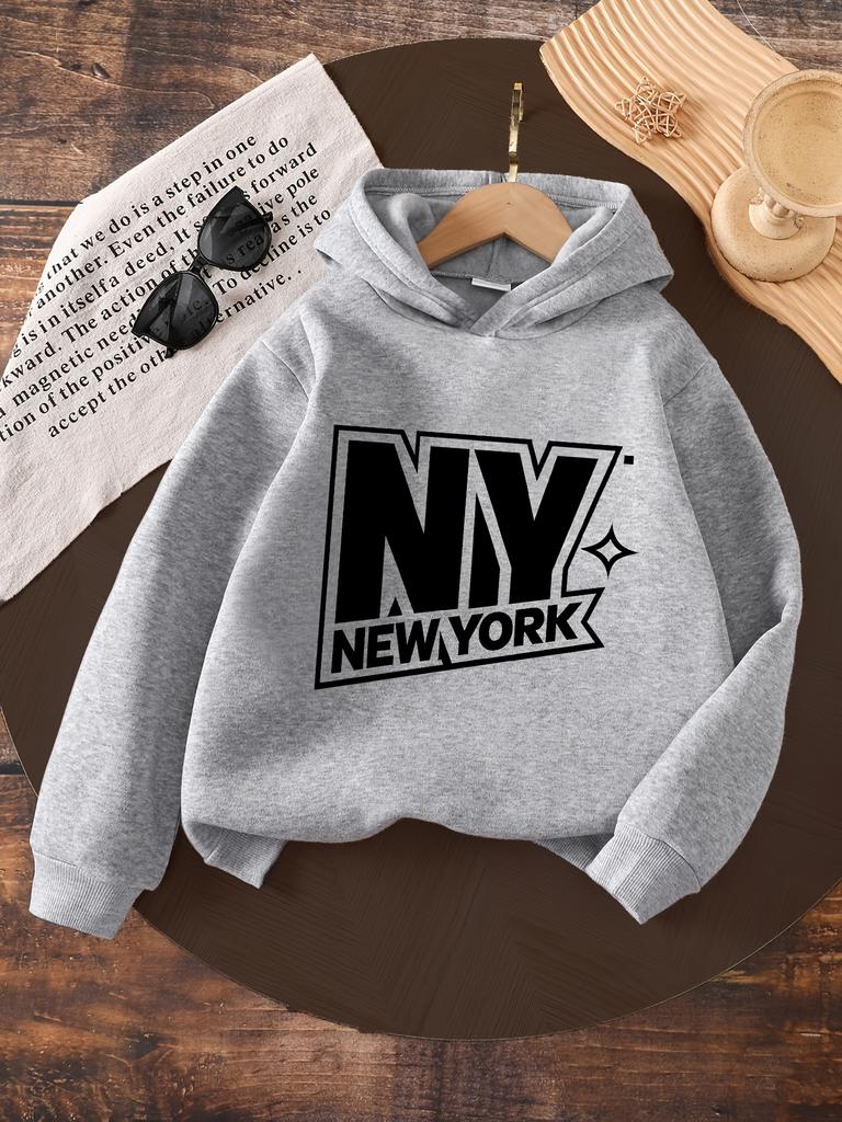 Мальчиковая толстовка с капюшоном на осень/зиму с надписью "NY NY", выполненная в простом стиле американской спортивной одежды с ретро-уличным ощущением.