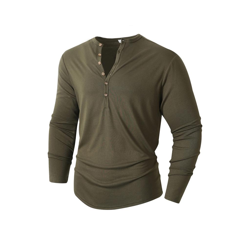 Men's Solid Color Long Sleeve T-Shirt Shirt Men's Casual Sports Top - Seven Buttons