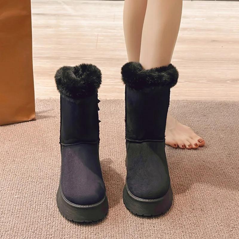 Fashion Winter Mid-calf Boot Women Plus Velvet Thick Sole Non-slip Shoes Fashion Solid Color Bowknot Women Boots Classic Retro Boots