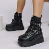2025 Новые женские модные ботинки Круглый носок Платформа Клинья Металлическая пряжка Короткие ботинки Мода Панк стиль Женские ботинки больших размеров