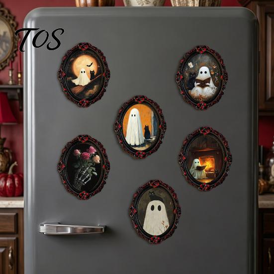 Decorative Magnetic Photo Holders Halloween Wooden Refrigerator Magnets, Vintage Gothic Oval Frame Fridge Magnets with Witch Ghost Decors Castle Art,