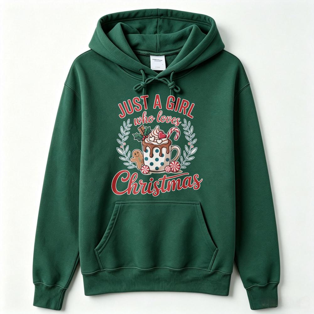 Just A Girl Who Loves Christmas Hot Cocoa Gingerbread Man Graphic Hoodie Hooded Sweatshirt Xmas Holiday Casual Pullover Top Gift