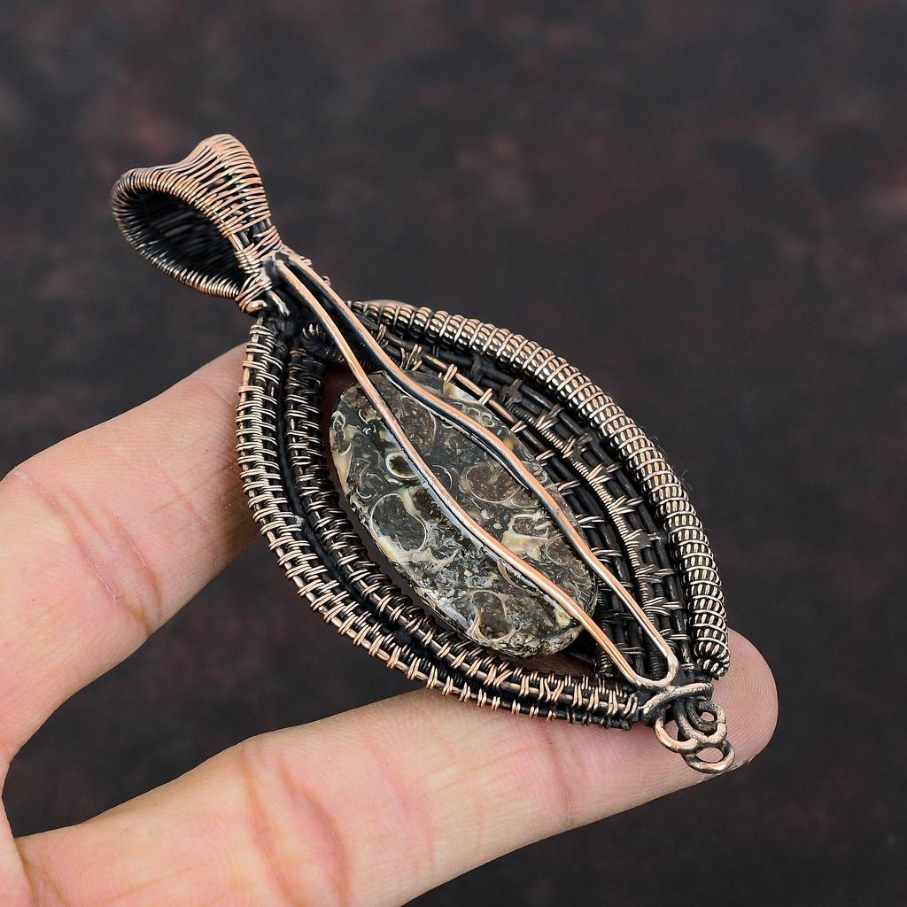 Подвеска из агата Turritella, обернутая медной проволокой, подвеска из драгоценного камня, ювелирные изделия из агата Turritella, подвеска ручной работы для подарка, ювелирные изделия из медной проволоки