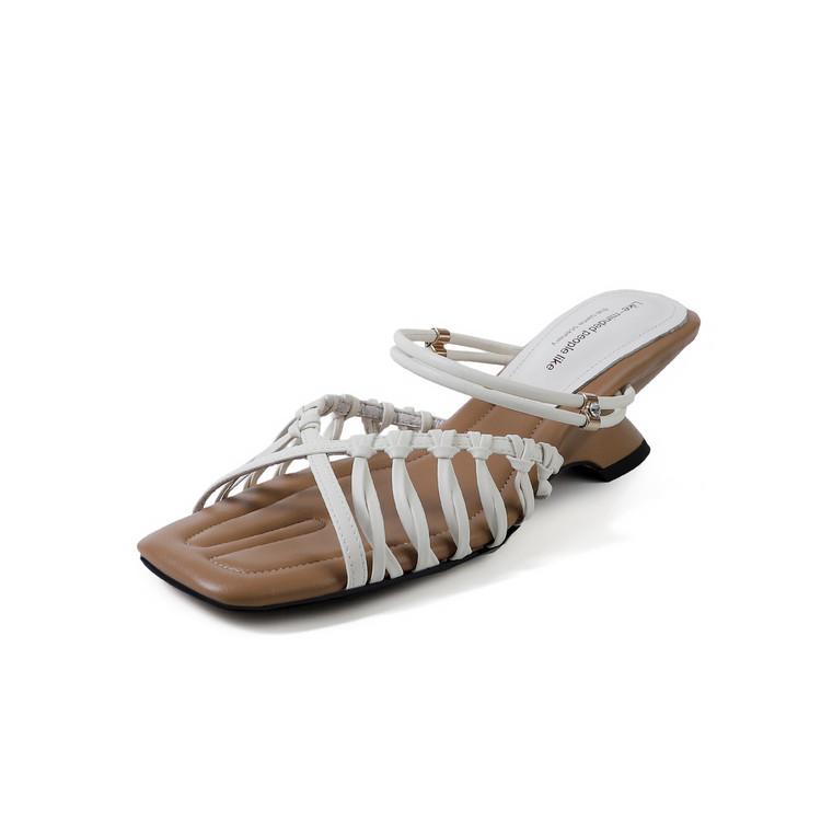 Fashion NEW Summer Women Sandals Split Leather Shoes for Women Open Toe Ankle Strap Shoes Square Toe Strange Heel Narrow Band Sandals