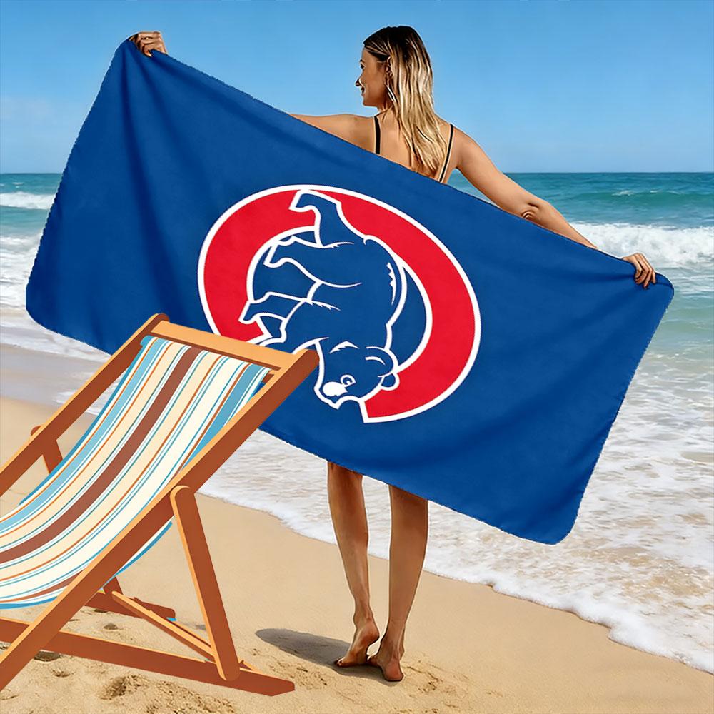 "Blue Bear Logo on Red C Design" Patterned beach towel quick dry perfect for travel outdoor sports jogging the beach and swimming