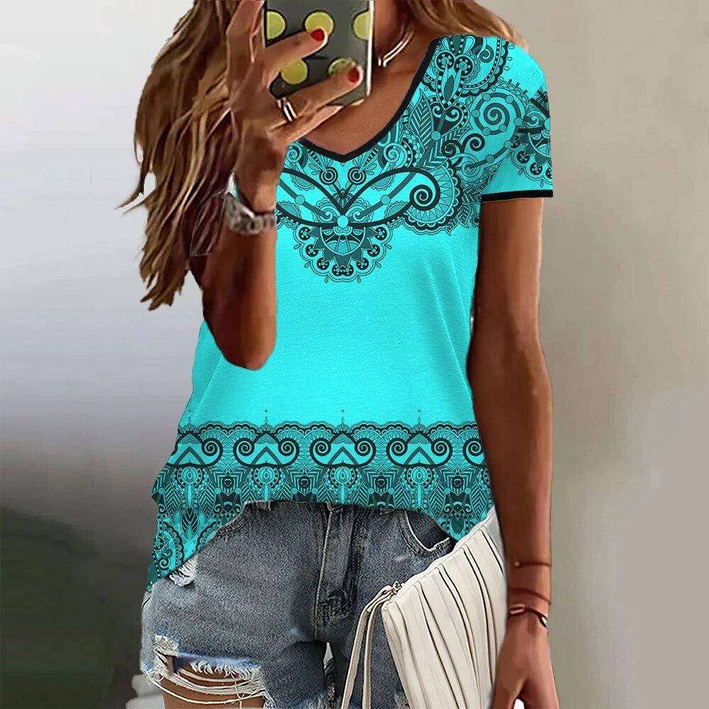 Gradient Pattern Women's T Shirt Summer V Neck Casual Short Sleeve Tees Female Oversized Harajuku Clothing Fashion Girls Blouse