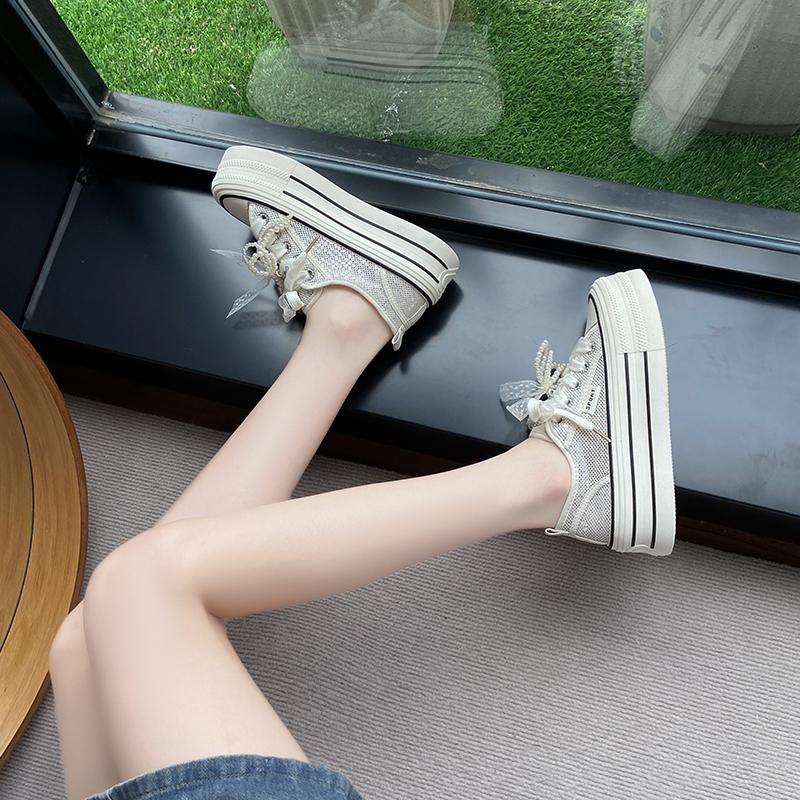 Модные CRLAYDK Модные сетчатые туфли на платформе для женщин Кружевные жемчужные повседневные кроссовки Женские кружевные спортивные для ходьбы Дышащие для тенниса