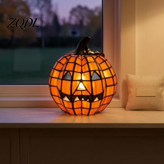 Halloween Themed Light 1/2Pcs Bow Pumpkin Light, Stained Glass Desk Lamp, Warm Night Spooky Jack-O-Lantern Nigh Decoration for Home Office