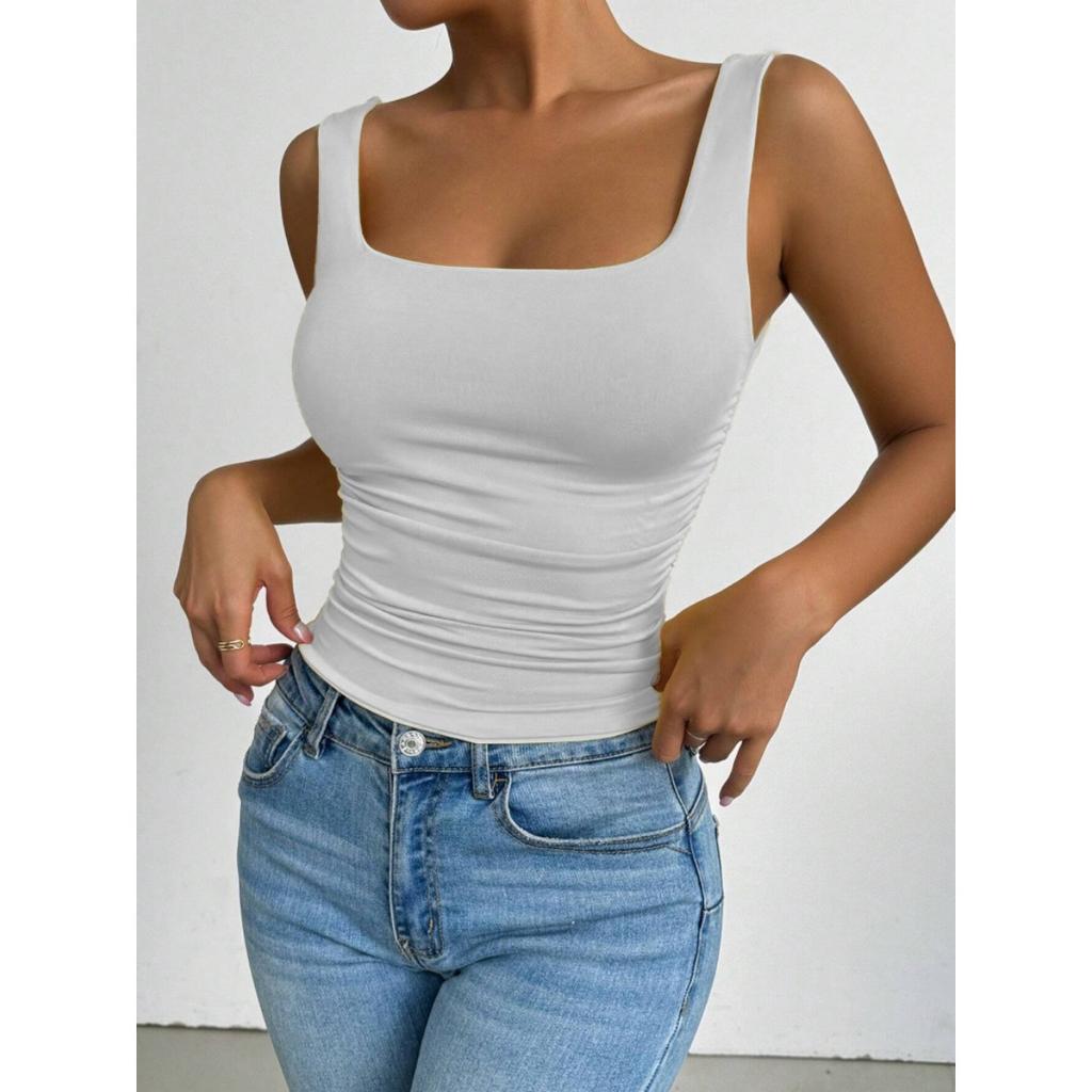 Women's Sleeveless Camisole Vest with Square Neckline, Casual Basic Style, Exposed Navel Top