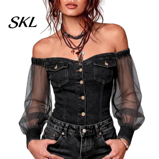 Lightweight Women Shirt Summer Tops for Women, Mesh Splicing Imitation Denim Shirt, Off Shoulder Casual Long Sleeve Chiffon Work Parties And Everyday