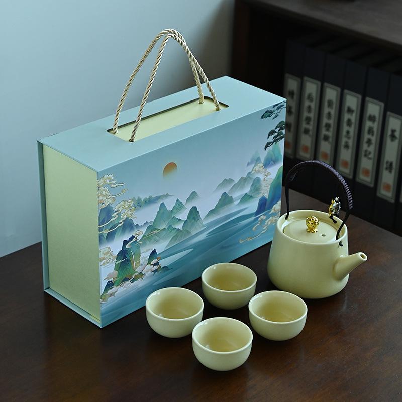 Qianli Jiangshan Ceramic Kung Fu Tea Set Teapot Beam Pot Set Company Souvenir Business Gifts