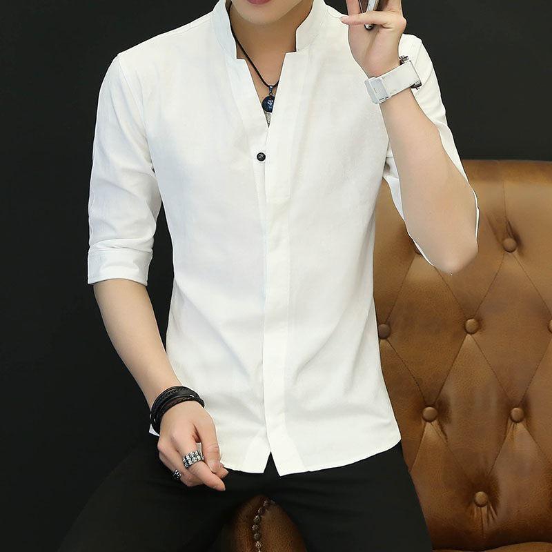 Мужская приталенная рубашка в корейском стиле с воротником-стойкой - Белая, с коротким/трехчетвертным рукавом, Повседневная, Весенняя
