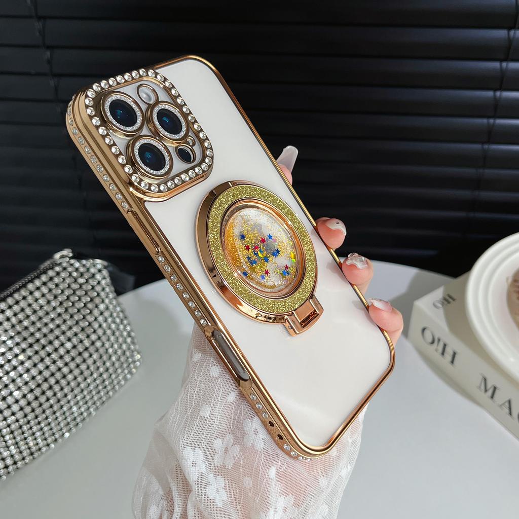Чехол-бампер для телефона с подставкой, защищающий объектив камеры, с гальваническим покрытием, блестками и бриллиантами, для iPhone 17 16 Pro Max Samsung S25 S24, прозрачная защитная крышка