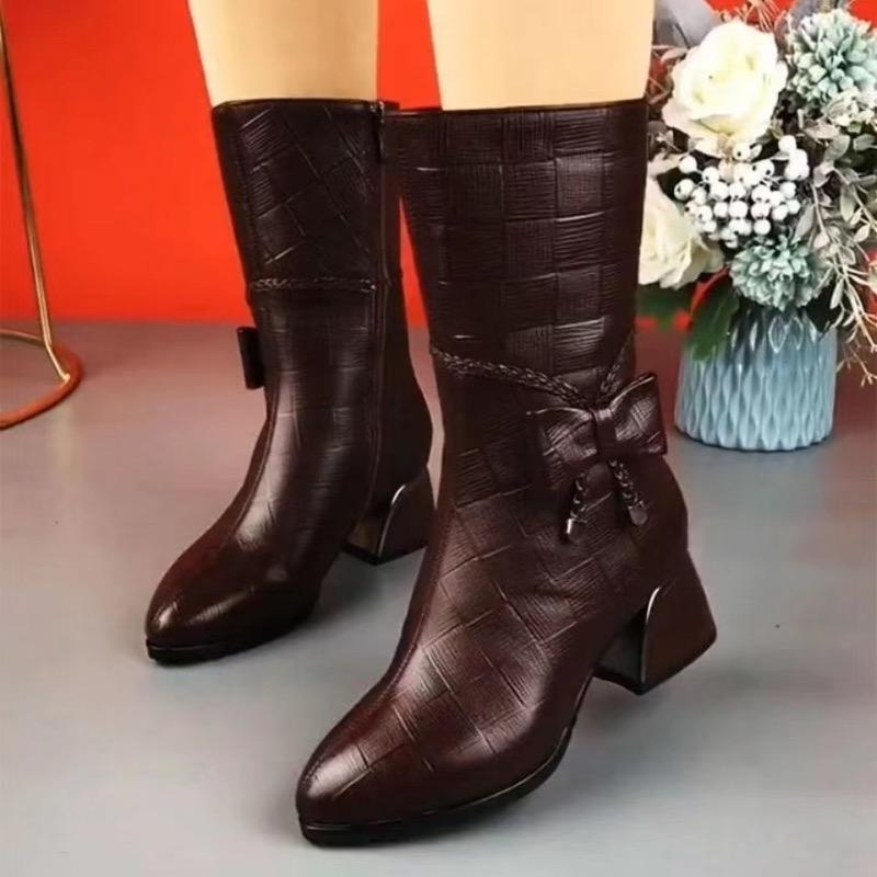 Fashion Women's Boots Designer Mid-calf High Heels Boots Fashion Casual Leather Boots for Women Plush Warm Winter Boot Botas Mujer2025