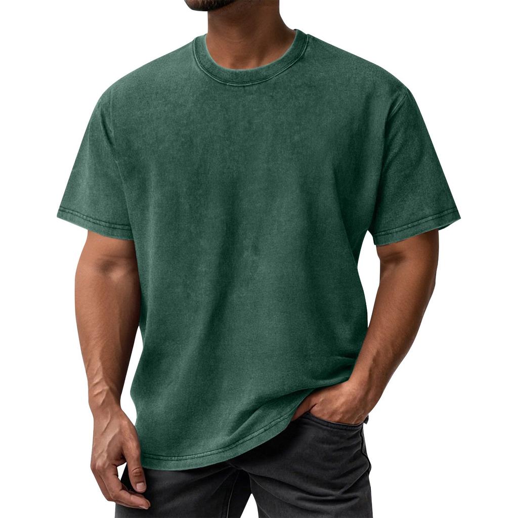 Men's Summer Retro Washed Round Neck Distressed Top Loose Short-sleeved T-shirt