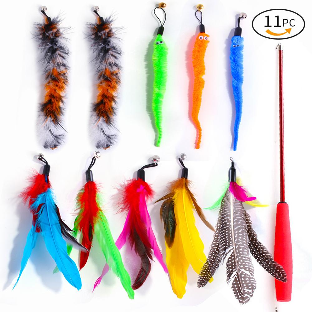 11pcs Cat Teaser Stick Caterpillar Feather Replacement Head Pet Set Retractable Fishing Rod Cat Toys
