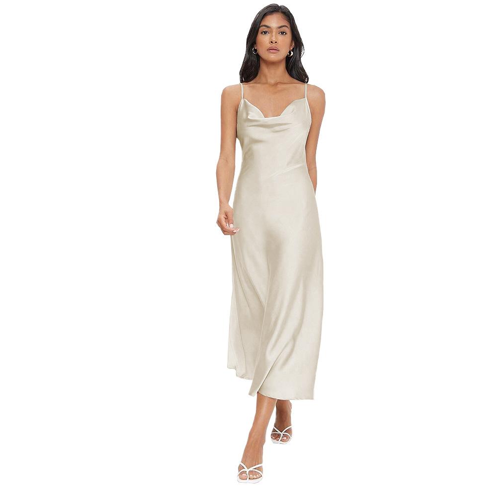Champagne black neck sling dress for women's summer new long satin drape dress
