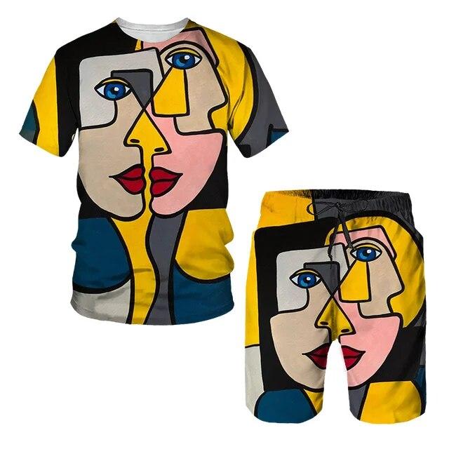Мужской спортивный комплект, состоящий из 2 предметов, пляжный повседневный спортивный костюм с короткими рукавами и принтом, футболки с абстрактным узором, шорты с эластичной резинкой на талии, брюки, комплекты спортивных костюмов