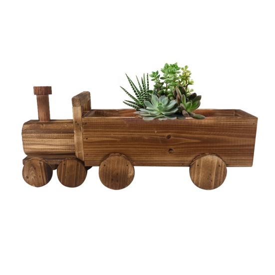 Train Flower Pot Wooden Vintage Bonsai Planter Home Garden Decor Rustic Plant Pot with Drainage Hole for Patio Balcony