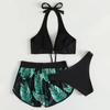 3 шт./компл. разделенное бикини с принтом листьев и бантом, трехсекционный тонкий купальник с открытой спиной для плавания