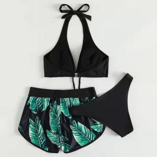 3 шт./компл. разделенное бикини с принтом листьев и бантом, трехсекционный тонкий купальник с открытой спиной для плавания