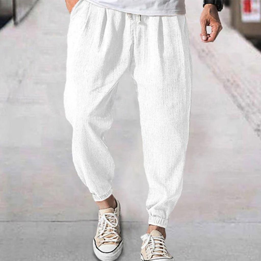 Men's Linen-Cotton Casual Trousers - Elastic Waist Drawstring, Breathable, Ankle-Cuffed Solid Color Pants