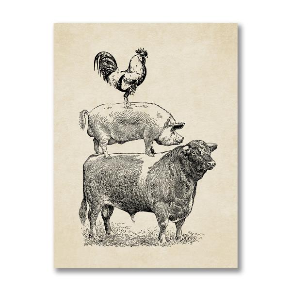 Retro Farm Poultry Cow Pig Chicken Poster Prints, French Country Farmhouse Canvas Painting, Vintage Wall Art Picture