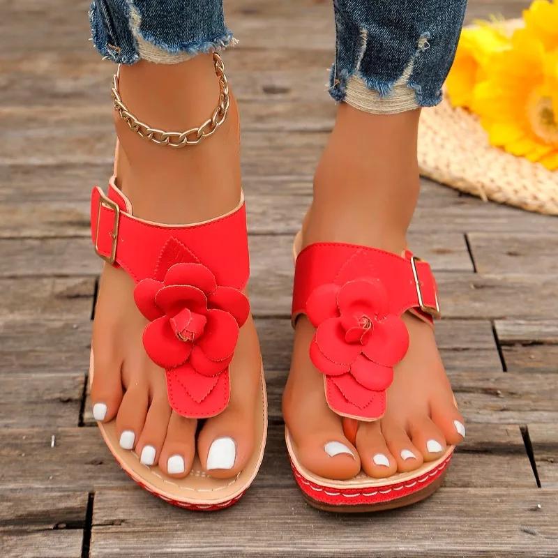 Fashion Flower Wedges Slippers Women Mid Heels Shoes Clip Toe Sandals 2024 Casual Walking Flip Flops New Summer Platform Female Slides