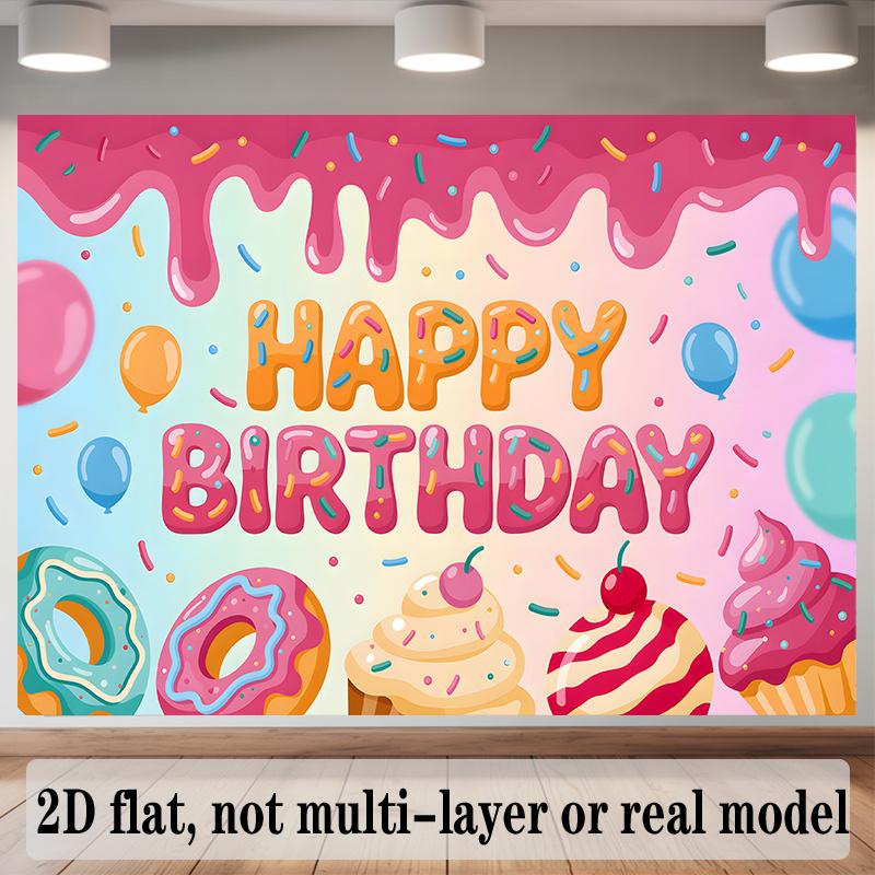 Party Backdrop Flat Donuts Cupcakes Balloons Sprinkles Pattern Event Photo Background Birthday Party Decor