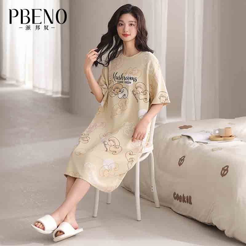 Paibangnu pure cotton summer short sleeved loose and cute cartoon thin nightgown fd