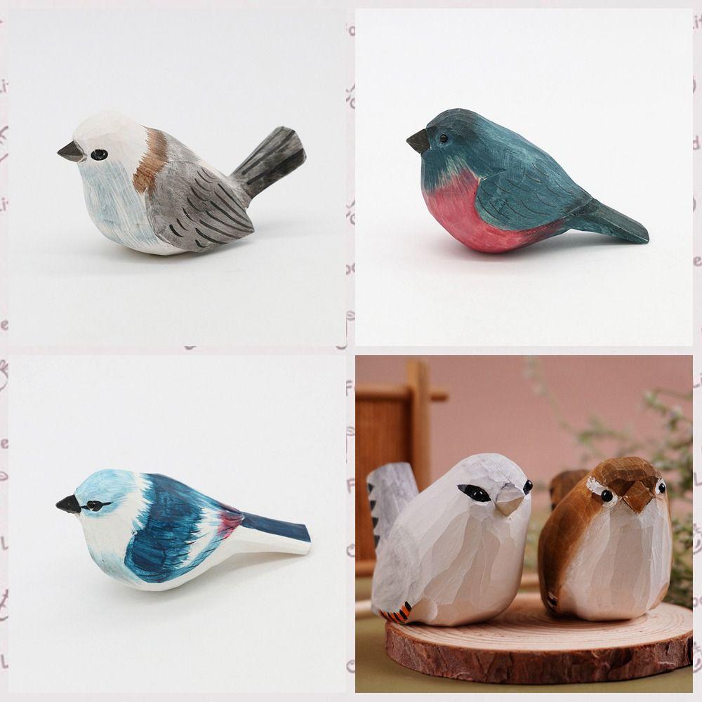 Handmade Small Bird Ornament Cute Wooden Bird Figurine Creative Wood Carving Bird Children's Toys