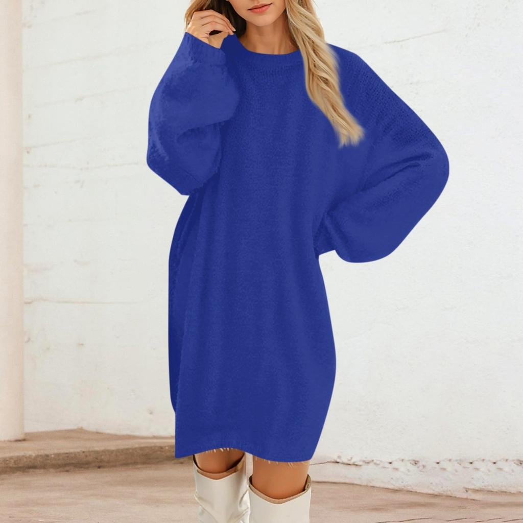 Women's Round Neck Casual Long Sleeve Plush Solid Color Dresses