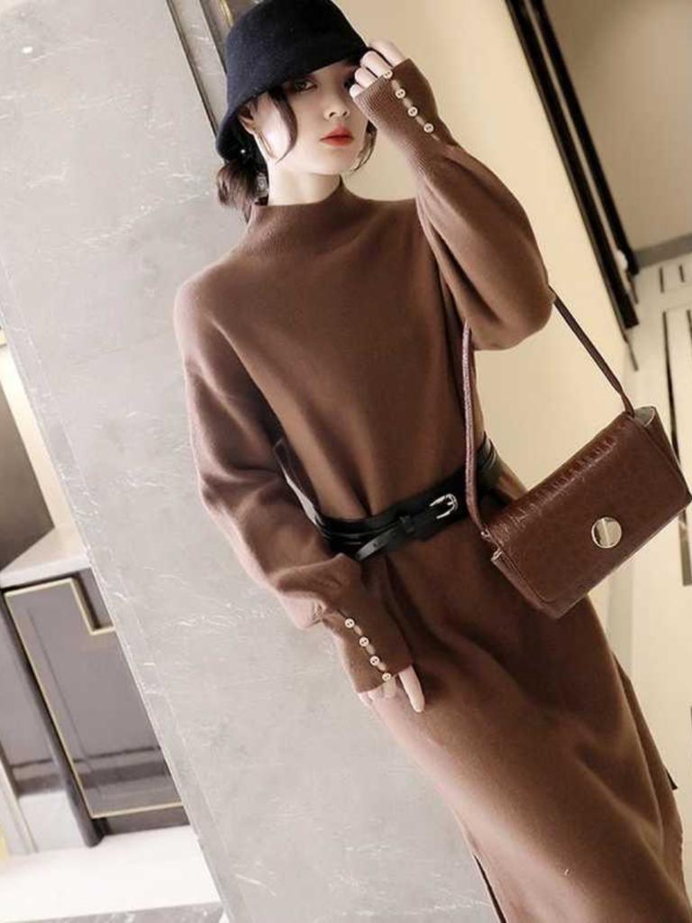 Вязаное платье женское осенне-зимнее рукава-фонарики темперамент светская львица новинка пояс на талии полувысокое горло свитер длинное платье