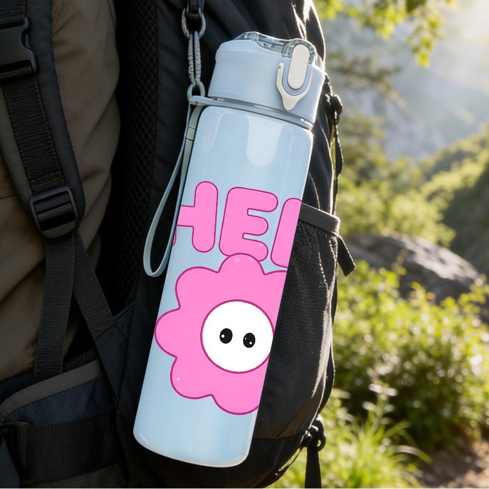 1PC Hello Flower Text Print 750ml Color Plastic Sports Water Bottle Leakproof Flip Straw Lid Suitable for Sports Office Home Use