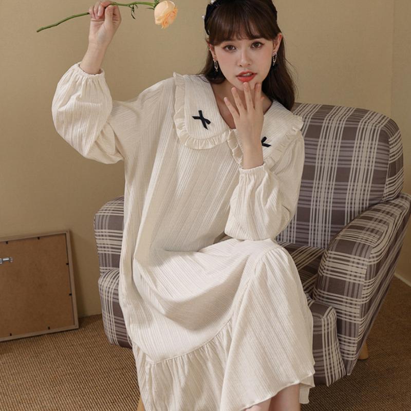 Nightdress Women Sweet Autumn Cotton Long-sleeved Pajama Palace Long Princess Style Home Clothes Chic Midi Dress