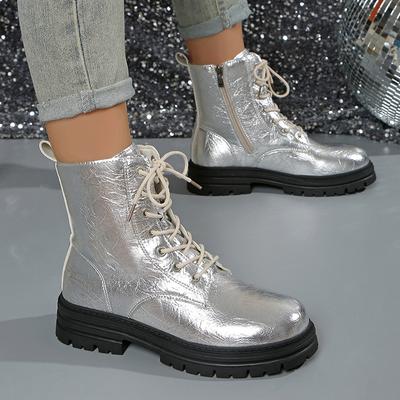 Модные серебристые ботильоны на шнуровке для женщин, большого размера 42, на молнии, на платформе, женские осенне-зимние нескользящие ботинки на толстой подошве, женские короткие ботильоны