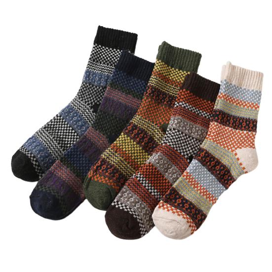 5 Pairs Men Winter Socks Mid-tube Thick Thermal Insulation Ethnic Style Home Bedroom Wear Floor Socks Colorblock Anti-slip Knitted Daily Wear Socks