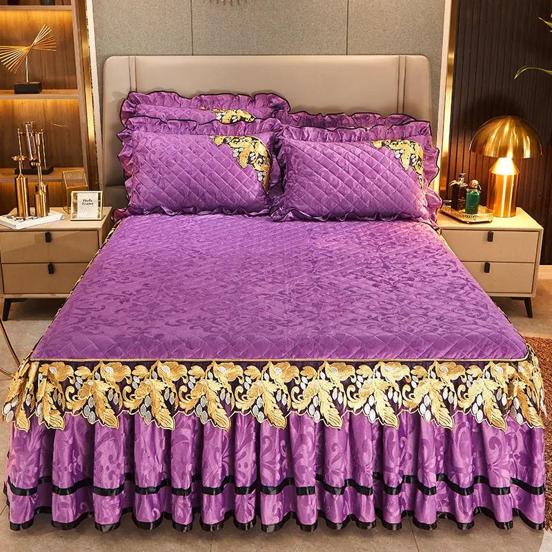 Осенне-зимние бархатные кружевные юбки-кровати из плотного хлопка с зажимом в европейском стиле, покрывало, матрас, противоскользящий защитный чехол, постельные принадлежности