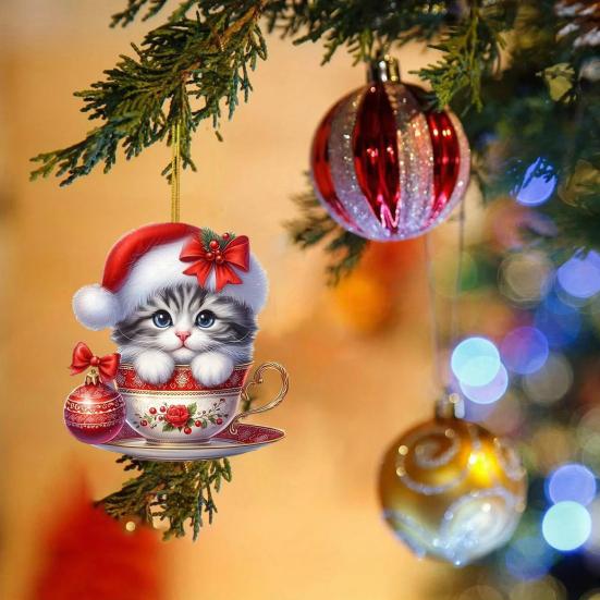 Acrylic Teacup Cat Hanging Ornaments Cute Cartoon Cat Christmas Ornament 2D Flat Car Mirror