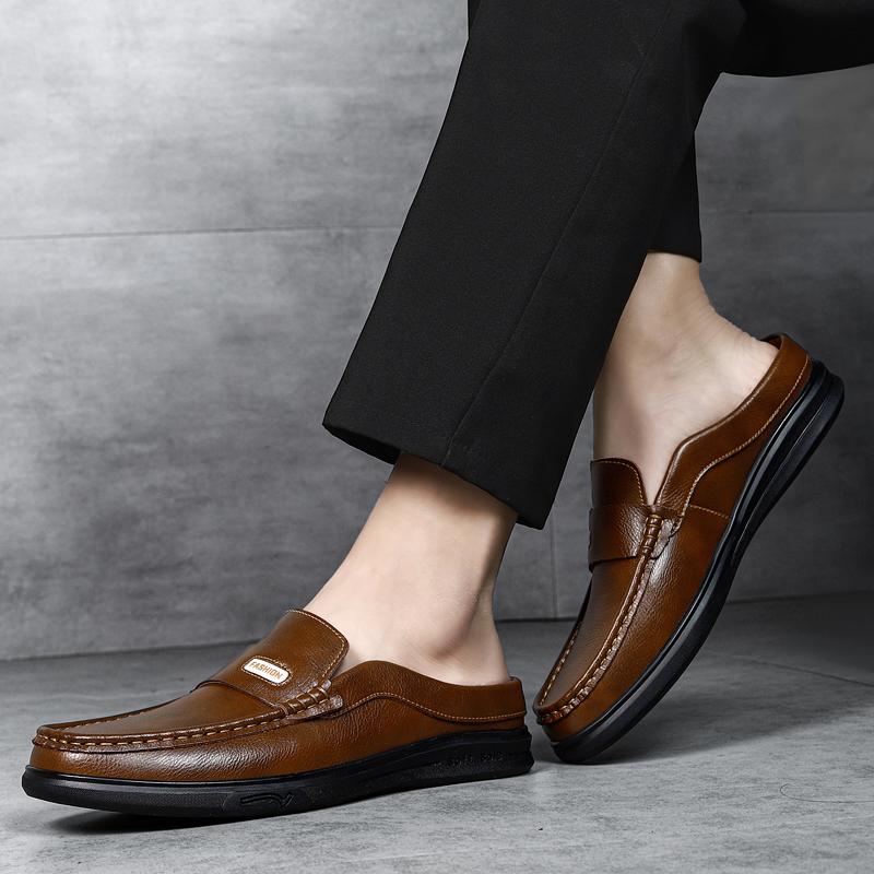 Модные мужские кожаные туфли мюли ручной работы, мягкие дышащие, мужские полушлепанцы, удобные уличные ленивые балетки, простые мужские деловые тапочки