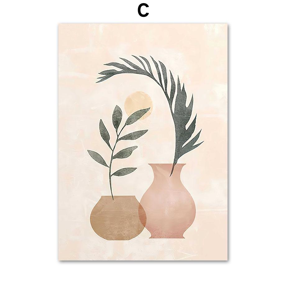 Beige Abstract Line Drawing Leaf Sun Natural Plant Boho Posters And Prints Canvas Painting Wall Art Pictures Living Room Decor