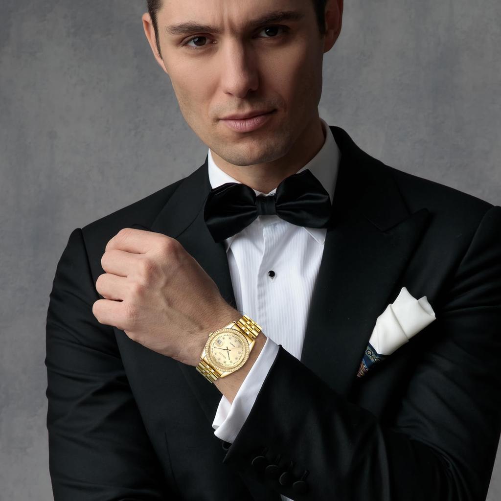 Gold Simple Stylish Diamond Analog Display Stainless Steel Calendar Waterproof Gold Pair Watch Pair Watch Quartz Leisure Business Couple Fashion