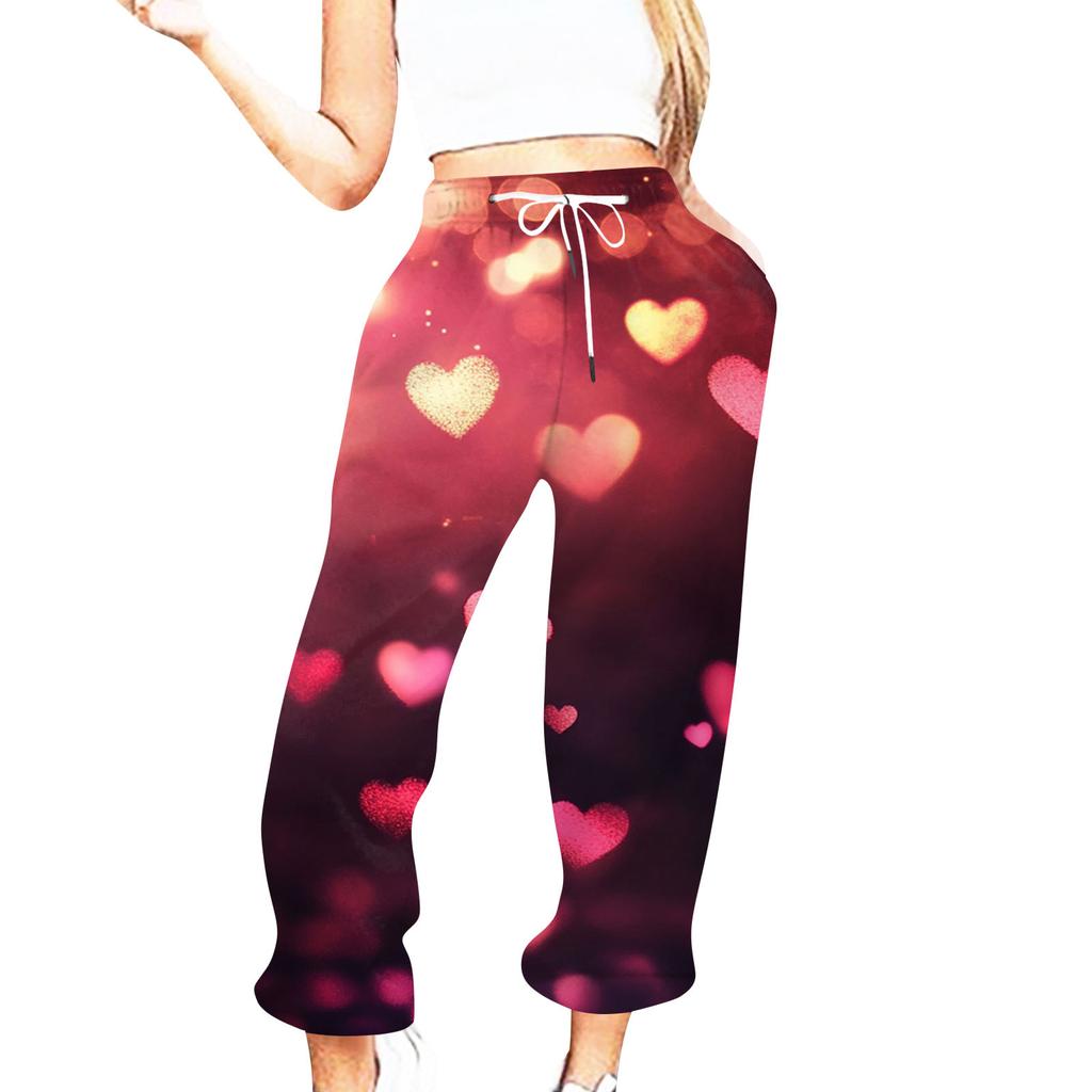 Женская повседневная мода День святого Валентина Повседневные брюки с принтом Спортивные брюки Брюки с эластичной резинкой на талии со шнурком Брюки со шнурком