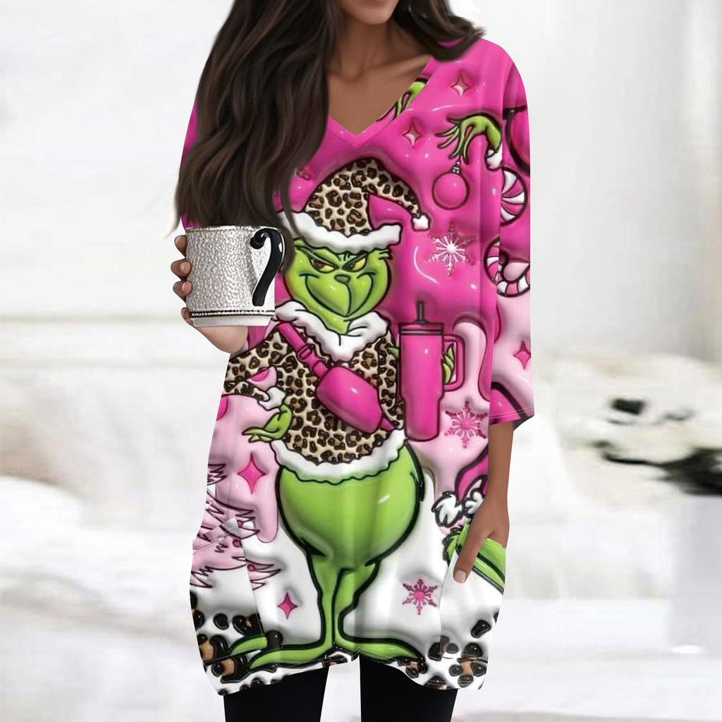 Женские топы с V-образным вырезом и рукавом 3/4, повседневные блузки средней длины, модные туники с рождественским принтом и карманами