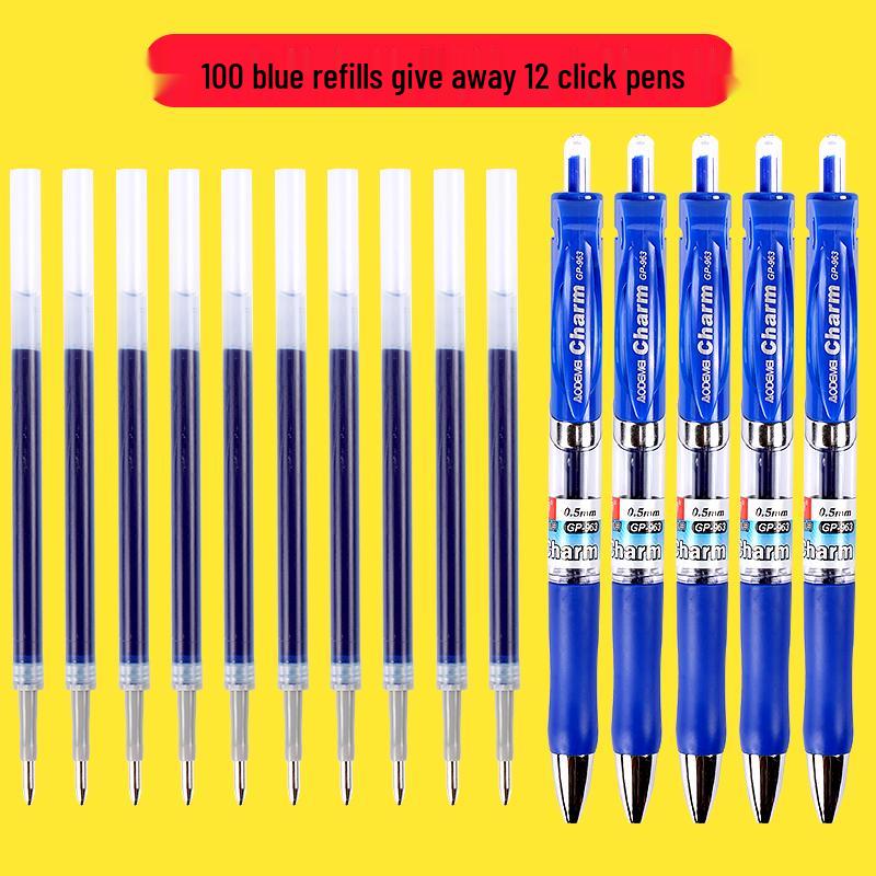 Набор из 100 стержней для черной гелевой ручки 0,5 мм - На водной основе, Шариковый наконечник, Нажимной механизм, Совместимы с красной ручкой