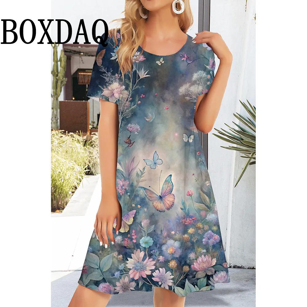 Платье с цветочным принтом 3D, женское, с круглым вырезом, коротким рукавом, трапециевидное, уличное, модное, повседневное, с узором Bufferfly, свободная одежда